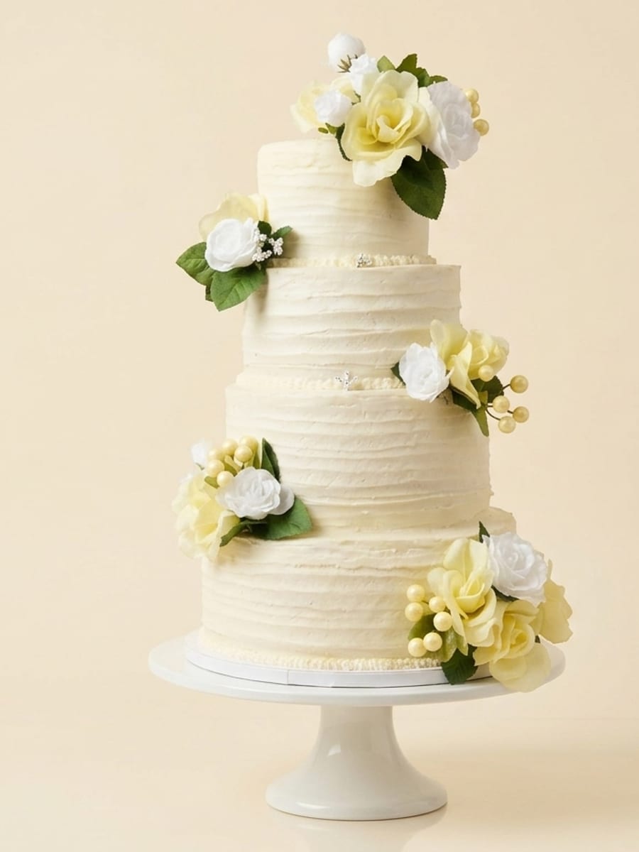 The same wedding cake refreshed with AI into a clean studio product photo on a cake stand