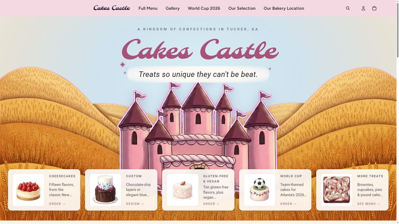 The new Cakes Castle homepage at cakescastle.com, featuring the bakery’s castle logo and cake selection